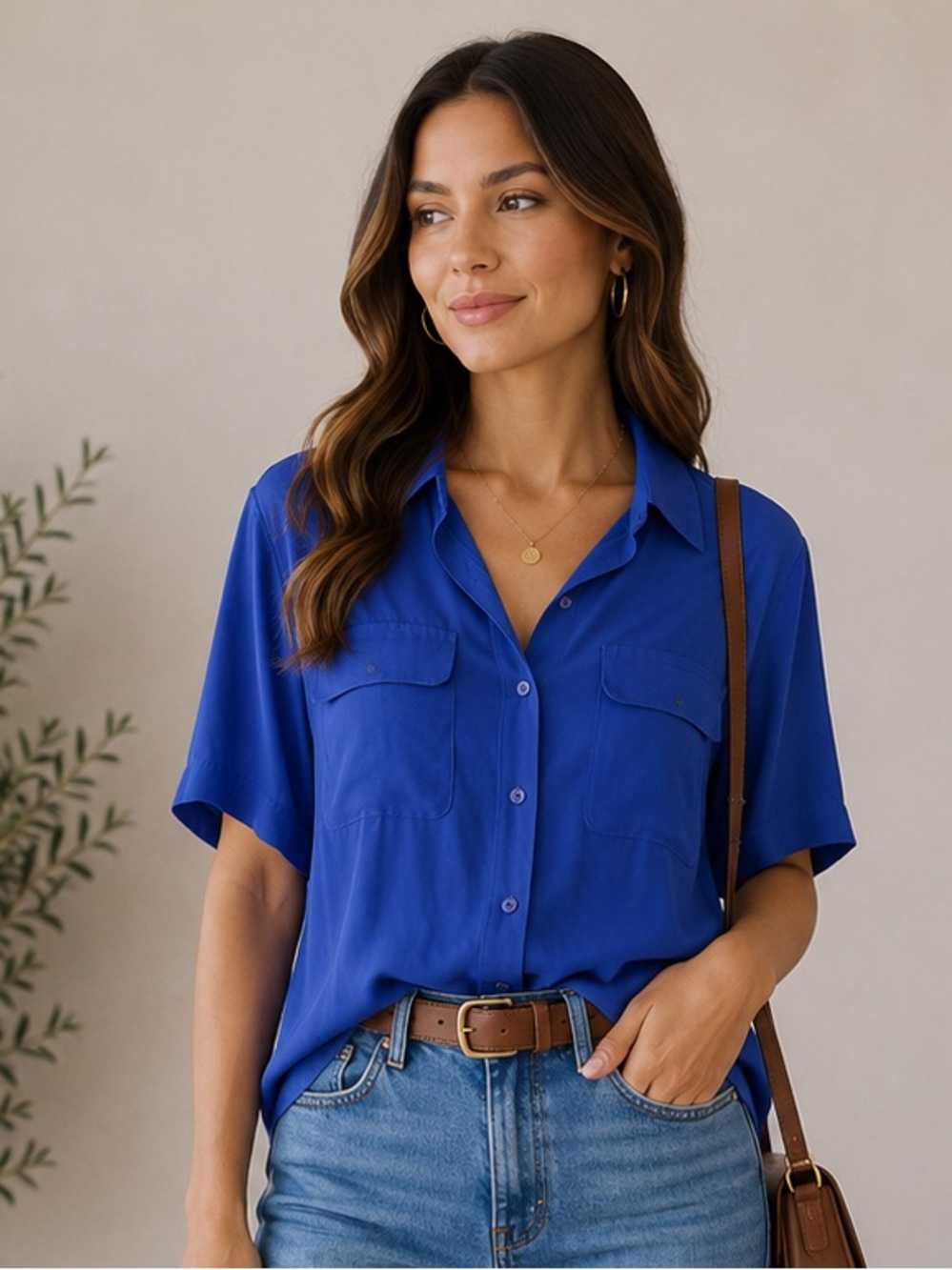 Cobalt Blue Button Front Pocket Blouse Top